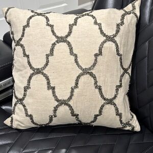Pottery Barn Cream & Silver Pewter Beaded Sequins Geometric Tile Pillow